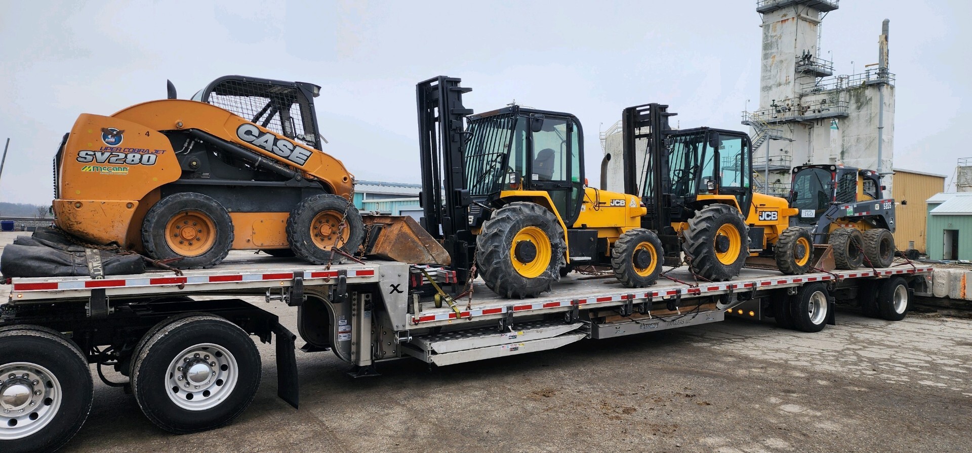 (2) JCB 926-4 4WD Rough Terrain Forklifts, (1) Case SV280 Skid Steer, & (1) John Deere 328E Skid Steer